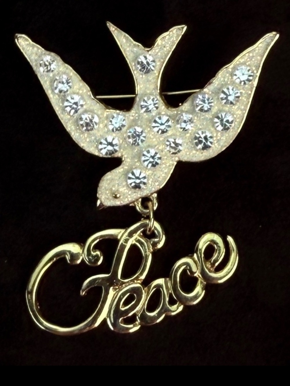 Vintage Goldtone, enamel bling dove peace, brooch, pin